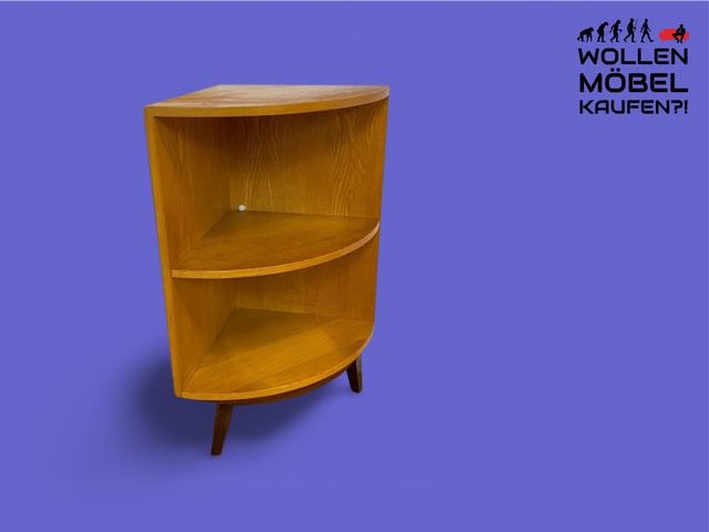 WMK I Kleines & sehr gut erhaltenes helles Mid-Century Eckregal aus vollem Holz mit konischen Füßen I Regal Bücherregal Eckschrank Eckkommode Ecke Vintage Beistelltisch Berlin Stuttgart Bielefeld 60er