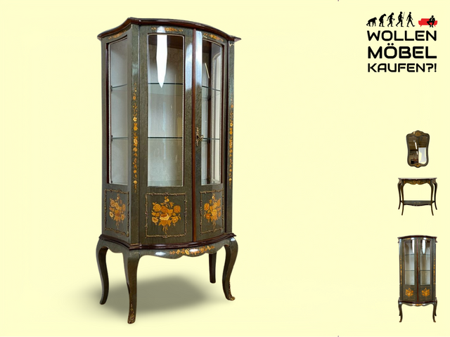 WMK I Hochwertige italienische Stilmöbel Vitrine im antiken Stil mit ovalen Gläsern & Intarsien I Vitrinenschrank Glasvitrine Sammlervitrine Geschirrschrank Barock Rokoko Louis XV Vintage Berlin Jena