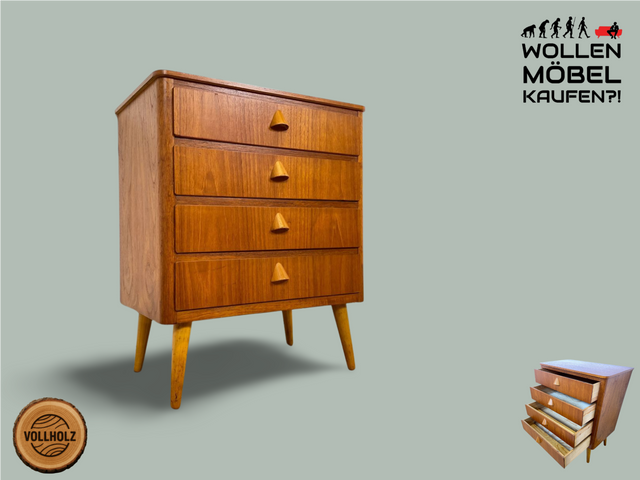 WMK I Formschöne kleine skandinavische Mid-Century Kommode aus vollem Holz in Teak mit Schubladen # Schrank Nachtisch Schubladen Wäsche Flur 50er 60er Vintage Danish Design Teakholz Berlin Bochum Köln