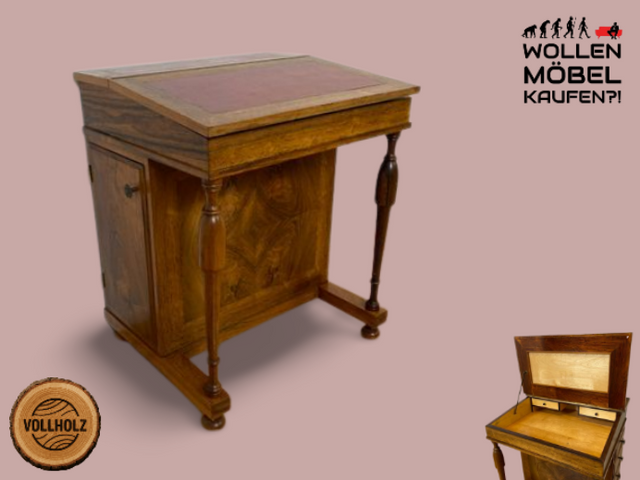 Schreib Pult Schmink Kommode Desk WMK I Edler 50er Jahre Schreibpult in antikem Davenport Stil, Vollholz in Nussbaum , mit Klappdeckel, Schubladen & goldgeprägter Leder Einlage I Sekretär Sitz Vintage