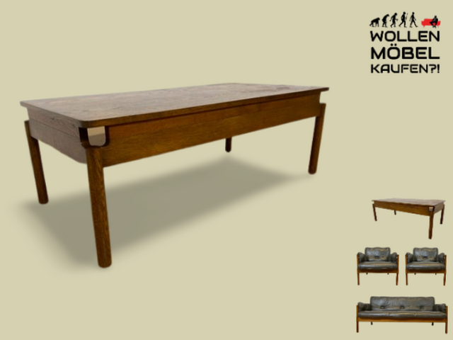 WMK I Hochwertiger großer 70er Jahre Couchtisch im Stile von Jean Gillon und Arne Norell aus massiver Eiche I Wohnzimmertisch Coffee Table Sitzgarnitur Danish Design Skandinavisch Mid-Century Vintage