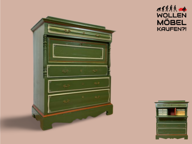 WMK I Imposanter grüner antiker Schreibschrank aus vollem Holz mit stabiler Schreibklappe und Schubladen I Sekretär Schrank Highboard Desk Kommode Wäsche Bauern Gründerzeit Vintage Berlin Dresden Ulm