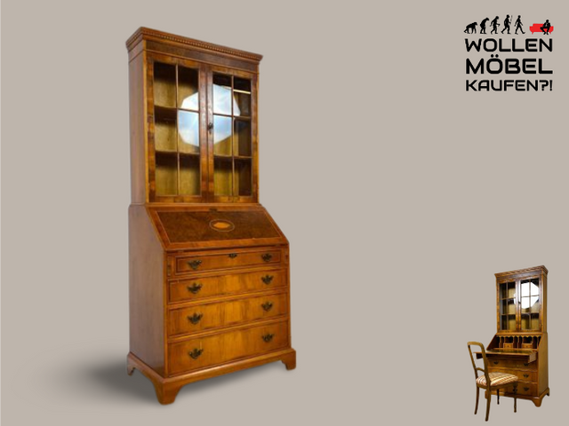 WMK I Hochwertiger Stilmöbel Aufsatz Sekretär im englischen Stil mit Vitrine und Schreibunterlage aus Leder I Schreibschrank Schreibtisch Desk Bücher Schrank Kommode Highboard Vintage Empire Regency