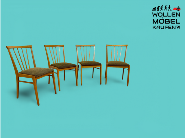 WMK Set aus 4 formschönen, bequemen und gut erhaltenen hellen 50er Jahre Sprossenstühle mit grünem Originalbezug # Stühle Küchenstühle Esszimmerstühle Holzstühle Dining Chairs Mid-Century Vintage 60er