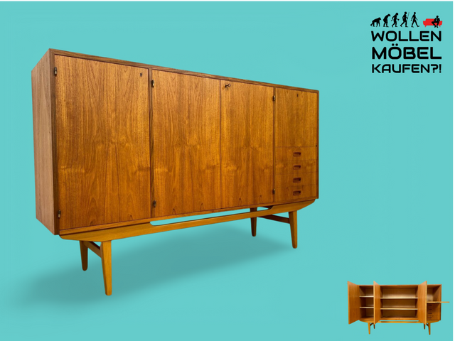 WMK # Hochwertiges skandinavisches 60er Jahre Highboard in Teakholz mit Schubladen, Barfach und formschönen Holzgriffen # Schrank Sideboard Anrichte Barschrank Danish Design Mid-Century Vintage Teak