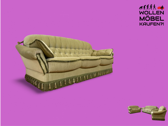 WMK Pretty, comfortable and very well preserved vintage sofa with quilted back, fold-out armrests, fringes &amp; velvety original cover # 3-seater couch 3-seater seating set daybed loveseat retro