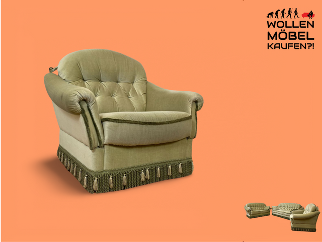 WMK Beautiful, comfortable and very well-preserved armchair with quilted back, fringes &amp; velvety original cover in subtle green # Armchair Upholstered armchair Living room seating set Vintage Retro