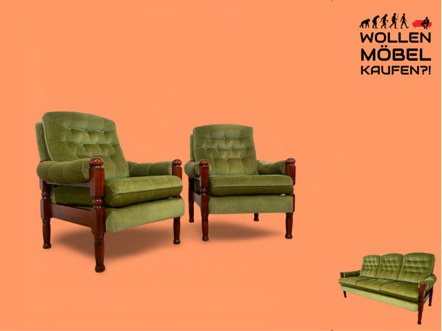 WMK 1/2 Stilvoller und sehr gut erhaltener skandinavischer Sessel mit grünem Samtbezug und gedrechseltem Holzgestell # Sessel Loungesessel Lesesessel Relaxsessel Sitzgarnitur Mid-Century Vintage