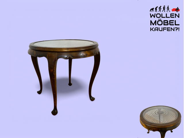 WMK Sehr eleganter und gut erhaltener runder 60er Jahre Chippendale Couchtisch mit Glasplatte & intaktem Sonnengeflecht # Wohnzimmertisch Beistelltisch Glastisch Salontisch Coffee Table Wiener Geflecht Vintage Boho