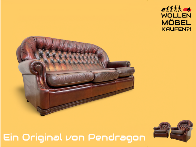 WMK High-quality and very well-preserved original English Chesterfield sofa by Pendragon with soft quilted genuine leather cover # Sofa Couch Leather Sofa Leather Couch 3-seater seating set Leather Vintage