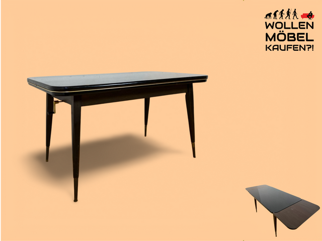 WMK Stylish and well-preserved mid-century multifunctional table with black glass top, extendable &amp; height-adjustable # Table Dining table Kitchen table Extendable table Coffee table Rockabilly Vintage 50s