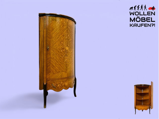 WMK Vornehmer und gut erhaltener Stilmöbel Eckschrank aus vollem Holz mit feinen Intarsien und edlen Messingbeschlägen # Schrank Highboard Eckkommode Eckregal Eckvitrine Louis XV Rokoko Barock Vintage