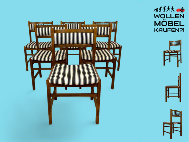 WMK Set aus 6 eleganten, stabilen und sehr gut erhaltenen dänischen Mid-Century Esszimmerstühlen mit hochwertigem gestreiftem Originalbezug # Stühle Küchenstühle Dining Chairs Holzstühle Vintage