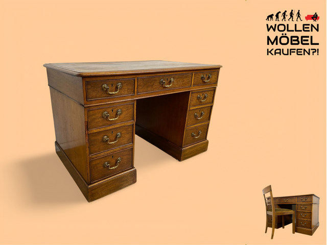 WMK Sehr schöner und geräumiger antiker Schreibtisch im englischem Stil aus vollem Holz mit edlen Messinggriffen & lederbezogener Schreibfläche # Desk Bürotisch Arbeitstisch Vintage Colonial Regency