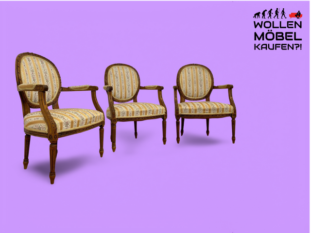 WMK 1/3 Sehr eleganter 60er Jahre Cabriolets Sessel im Stile des Louis XVI , handverziert, mit Medaillon Rückenlehne & bequemen Federkernsitz # Fauteuil Armlehnstuhl Medaillon Stuhl Salonmöbel Vintage