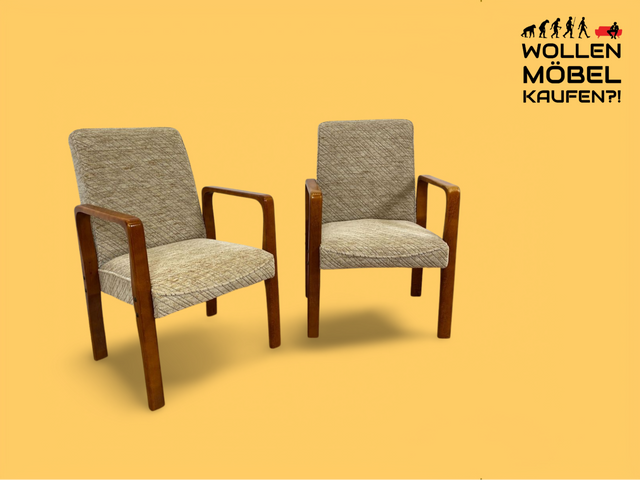 WMK # 1/2 Formschöner, bequemer & sehr gut erhaltener Mid-Century Sessel mit hellem Originalbezug & Teakholz Rahmen # Stuhl Sessel Lesesessel Armchair Armlehnsessel Schreibtischstuhl Vintage 60er 70er