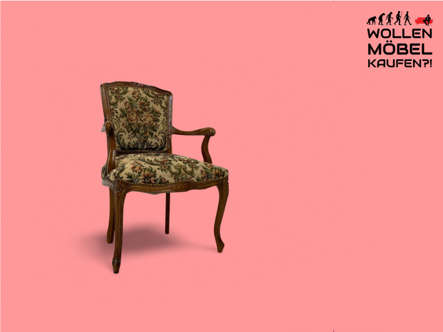 WMK # Freundlicher und sehr gut erhaltener Vintage Sessel mit floralem Originalbezug & verziertem Holzrahmen # Armlehnstuhl Stuhl Salonsessel Sitzgarnitur Stilmöbel Chippendale Retro