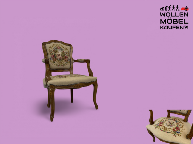 WMK Elegant and very well preserved salon chair with fine tapestry cover &amp; hand-carved chair frame made of walnut # Armchair Armchair Chair Armchair Baroque Rococo Chippendale Vintage