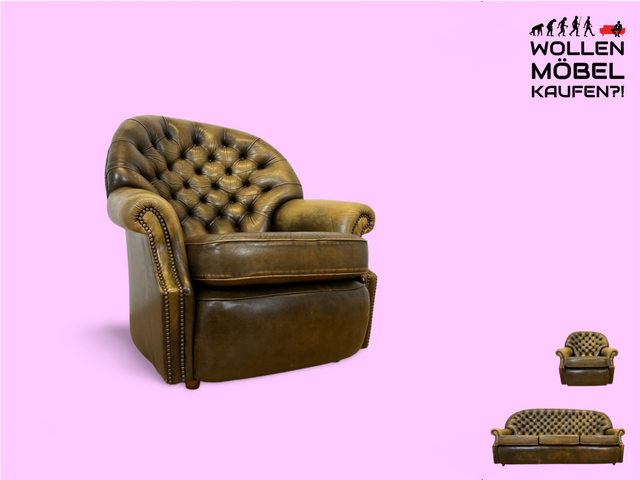 WMK Formschöner & hochwertiger original englischer Chesterfield Sessel Pegasus mit dickem & weichem gestepptem Echtleder Bezug mit Alterspatina # Ledersessel Lesesessel Clubsessel Sitzgarnitur Vintage