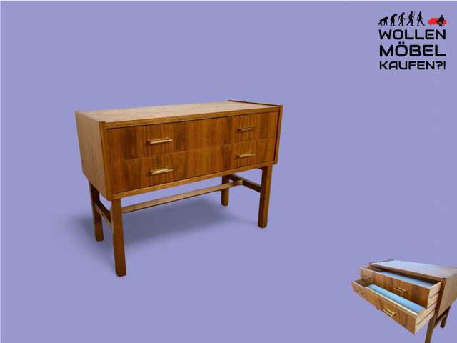 WMK Stylish and very well preserved small Scandinavian chest of drawers in walnut with drawers &amp; beautiful brass handles # Lowboard Sideboard Chest of Drawers TV Lowboard Mid-Century Vintage 60s 70s