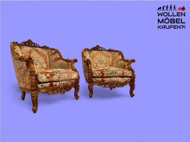 WMK 1/2 Pompous and very well preserved vintage armchair in the style of the Baroque with noble brocade cover and richly decorated wooden frame # Armchair chair seating set Rococo Chippendale style furniture old pink