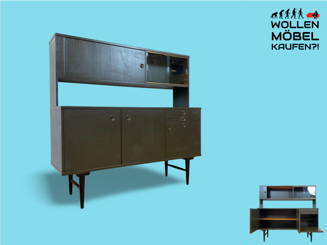 WMK Stylish black lacquered Scandinavian 60s highboard with display cabinet top, drawers &amp; roller shutter door # Sideboard kitchen cabinet crockery cabinet Danish Design Vintage 50s