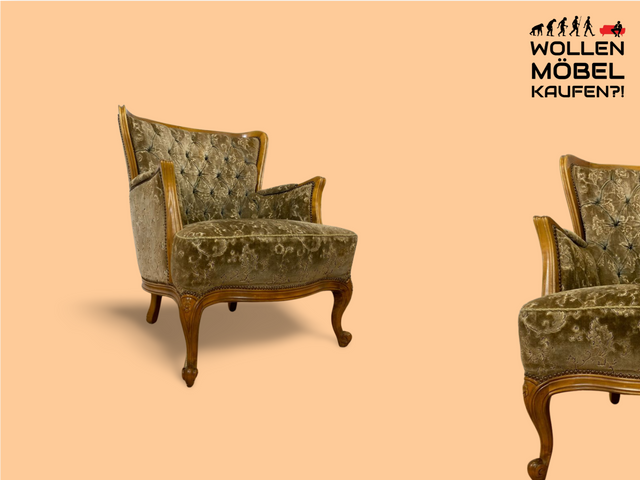 WMK Vornehmer und sehr gut erhaltener Vintage Sessel mit hochwertigen samtartigem Brokat Stoffbezug und bequemen Federkernsitz # Lesesessel Salonsessel Barock Rokoko Stilmöbel Ohrensessel Armchair