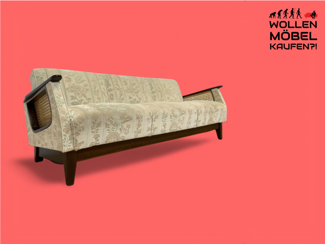 WMK Beautiful &amp; very well preserved 50s sofa bed with fine floral cover, Viennese wickerwork &amp; bed linen compartment # Sofa Couch Sofa Bed Folding Couch Daybed Seating Set Mid-Century Vintage