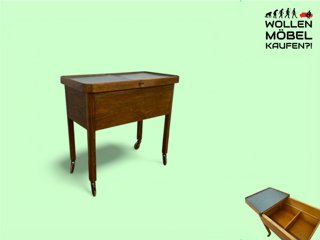 WMK Very pretty &amp; well-preserved 1930s sewing chest on wheels with easy-care Resopal surface # Chest of drawers Sewing cabinet Side table Storage jewelry box Tea trolley Bar trolley Art Deco Vintage