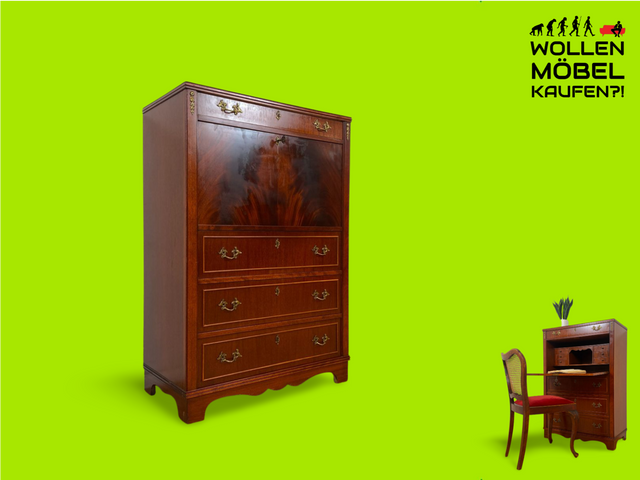 WMK Elegant and very well preserved vintage secretary in antique style made of solid wood in fine mahogany with fine brass handles # Writing desk Highboard Cabinet Desk Biedermeier Vintage