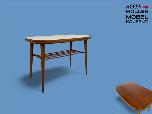 WMK Stilvoller und seltener Mid-Century Couchtisch mit wandelbarer Oberfläche aus Holz oder Resopal und praktischer Zeitungsablage # Wohnzimmertisch Tisch Coffee Table Salontisch 50er 60er Vintage