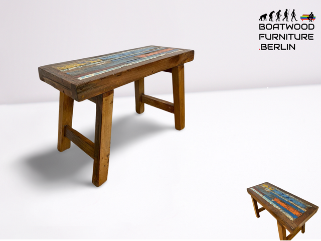 Boatwood by WMK I Bunte 75cm lange Bank aus altem Bootsholz I handgefertigtes Unikat I Patchwork aus Teakholz massiv # Holzbank Gartenbank Bench Küchenbank Sitz Gartenmöbel Balkonmöbel Treibholz Sylt