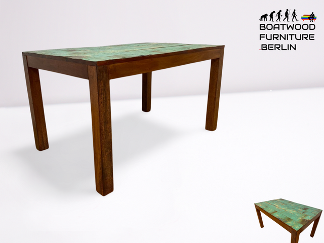 Boatwood by WMK I Einzigartiger 140x90cm großer grüner Esstisch aus altem Bootsholz I ein handmade Unikat aus massivem Teakholz I Tisch Küchentisch Gartentisch Holztisch Dining Table Berlin Bonn Jena