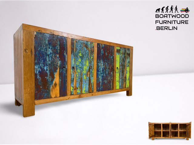 Boatwood by WMK # Sehr schönes 180cm langes Sideboard aus altem Bootsholz, ein handgefertigtes Unikat aus massivem Teakholz # Kommode Fernsehkommode Anrichte TV Bank TV Lowboard Bootsmöbel Chest Teak
