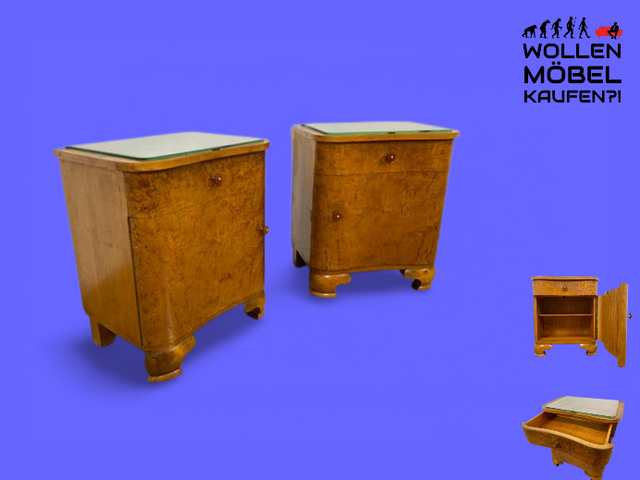 WMK I 1/2 Sehr schöner 1930er Jahre Art Deco Nachttisch aus vollem Holz mit Schublade und Glasauflage I Nachtkommode Nachtschrank Nachtschränkchen Night Stand Vintage Antik Berlin Leipzig Stuttgart