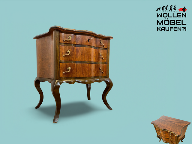 WMK I Feine kleine dänische 1960er Stilmöbel Kommode , Vollholz in Nussbaum mit Schubladen und Messinggriffen I Schränkchen Flur Nachttisch Barock Rokoko Louis XV Vintage Berlin Düsseldorf Koblenz