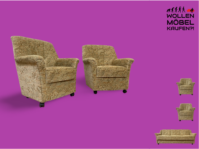 WMK # 1/2 Gemütlicher und sehr gut erhaltener Vintage Sessel auf Rollen mit floralem Originalbezug, Federkernsitz # Cocktailsessel Clubsessel Lesesessel Fernsehsessel Polstermöbel Sitzgarnitur Retro