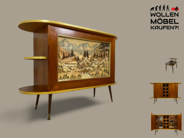 WMK I Ein Unikat I Einzigartige 50er Jahre Bar von Friedrich A. Maschke aus dem Schwarzwald mit handgefertigtem Alpen Relief Gemälde I Hausbar Tresen Wein Schrank Regal Vintage Mid-Century Kunst