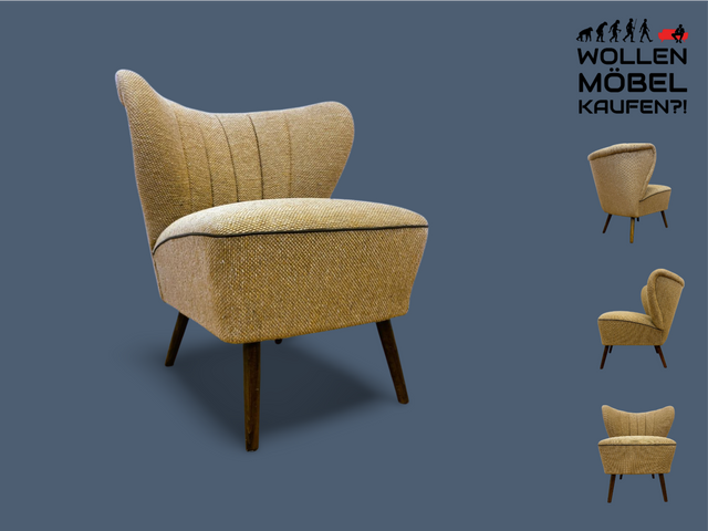 WMK I Kultiger und gemütlicher 50er Jahre Cocktailsessel mit konischen Beinen & hochwertigem späterem Schurwolle Bezug I Sessel Lounge Club Stuhl Lesesessel Mid-Century Rockabilly Vintage Berlin Köln