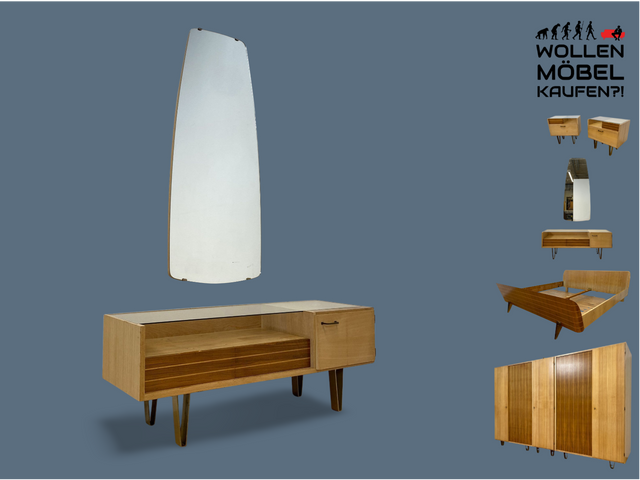 WMK # Seltene 50er Jahre Schminkkommode mit Schubladen und formschönem Wandspiegel # Frisierkommode Schminktisch Wäschekommode Spiegel Schlafzimmer Kommode Rockabilly Mid-Century 60er Design Vintage