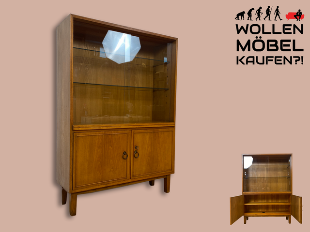 WMK I Hochwertige 50er Jahre Vitrine aus vollem Holz mit Glasböden und Messinggriffen I Schrank Glasvitrine Geschirrschrank Highboard Küchenschrank Mid-Century Vintage 60er Berlin Dortmund Hannover