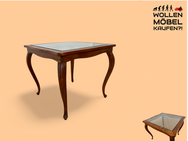 WMK # Vornehmer und gut erhaltener 60er Jahre Chippendale Salontisch 70x70cm mit Glasplatte und feinem Wiener Geflecht # Wohnzimmertisch Tisch Glastisch Coffee Table Mid-Century Vintage Stilmöbel Boho