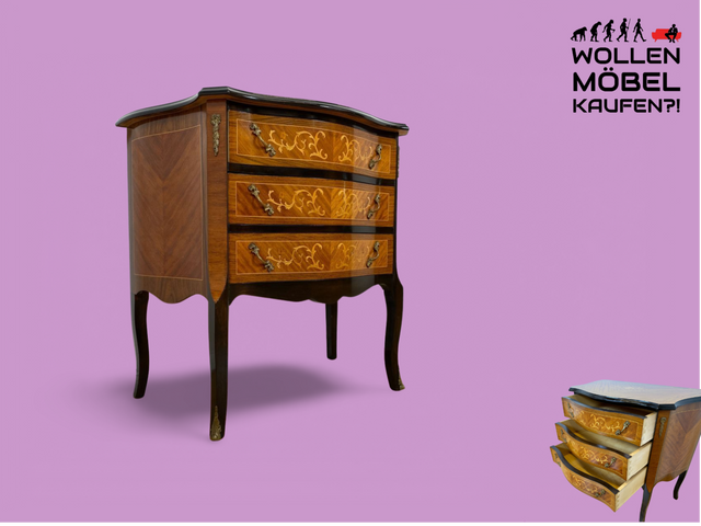 WMK # Vornehme und sehr gut erhaltene 60er Jahre Kommode im Barock Stil mit feinen Intarsien, Schubladen & edlen Messinggriffen # Schubladenkommode Wäschekommode Beistelltisch Rokoko Stilmöbel Vintage