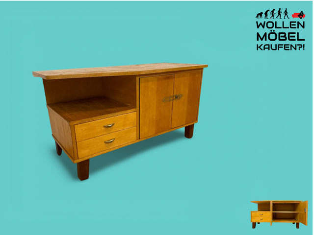 WMK # Hübsches helles 60er Jahre Lowboard aus vollem Holz mit Regalfach, Schubladen und formschönen Messinggriffen # Kommode Sideboard TV-Lowboard TV-Bank Fernsehkommode Mid-Century Vintage Retro