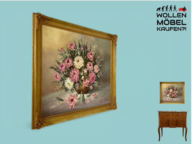 WMK I Versand möglich I Stimmiges und sehr gut gemaltes 60er Jahre Öl auf Leinwand Stillleben Gemälde in goldenem Stuck auf Holz Bilderrahmen I Ölbild Ölgemälde Bild Blumenstrauß Blumen Gold Vintage