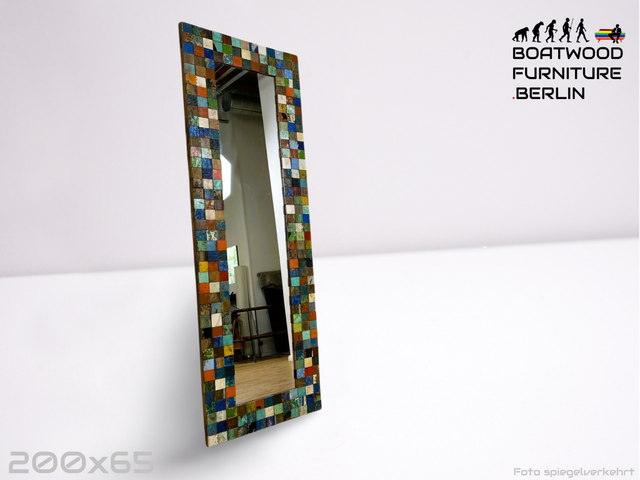 Boatwood by WMK # Einzigartiger 65x200cm großer Wandspiegel aus altem Bootsholz, ein handgefertigtes Unikat in Originalfarben # bunter Spiegel Standspiegel Mirror Flurspiegel Treibholz Bootsmöbel