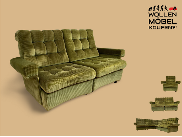 WMK I Schönes und äußerst gemütliches modulares 70er Jahre Ecksofa mit grünem gestepptem Originalbezug I Couch Eckcouch Sitzecke Wohnzimmer Polstergarnitur Retro Vintage Berlin Passau Leipzig Nürnberg