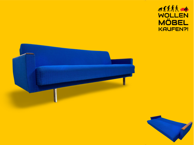 WMK # Blauer wird's nicht! Sehr schönes und bequemes 70er Jahre Sofa in kräftigem Blau mit Schlaffunktion und Bettwäschefach # Couch Schlafcouch Klappsofa Klappcouch Daybed Mid-Century Retro Vintage