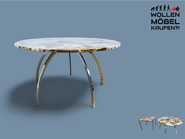 WMK I Besonders schöner 70er Jahre Space Age Couchtisch mit charaktervoller runder Onyx Platte auf formschönem Chrom Tischgestell I Wohnzimmertisch Coffee Table Marmor Hollywood Regency Vintage Berlin