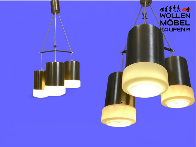 WMK # Stilvolle & sehr gut erhaltene 70er Jahre Space Age Deckenlampe mit 3 Leuchten aus gebürstetem Chrom & Milchglas # Lampe Deckenleuchte Luster Kronleuchter Pendelleuchte Lamp Mid-Century Vintage